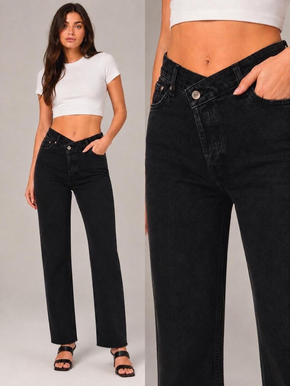 Abercrombie High Rise V Cross Button Up Washed Black Dad Jeans